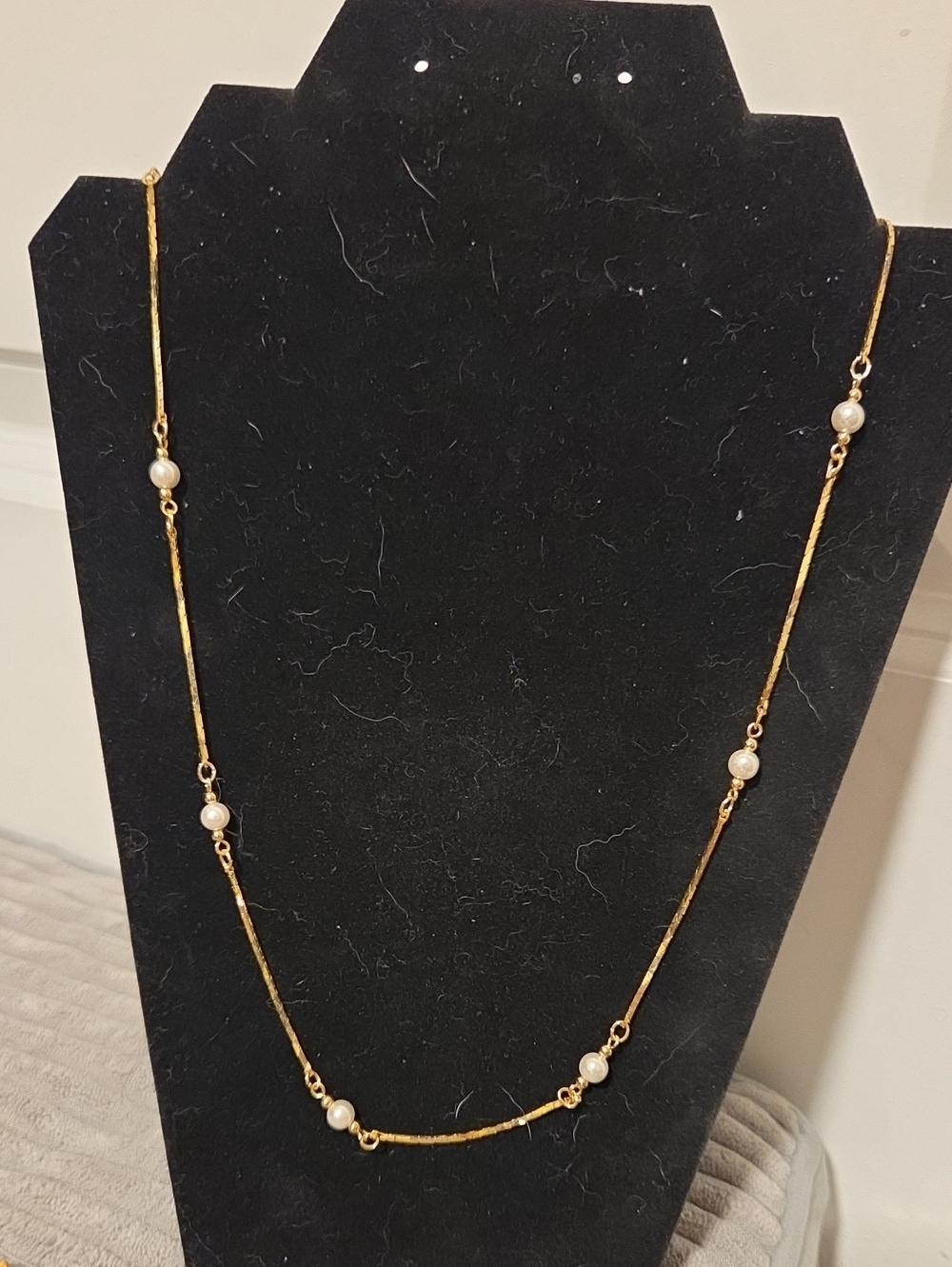 Vintage 1980s Long Gold Pearl Station Necklace Slinky Snake Chain Stamped Korea